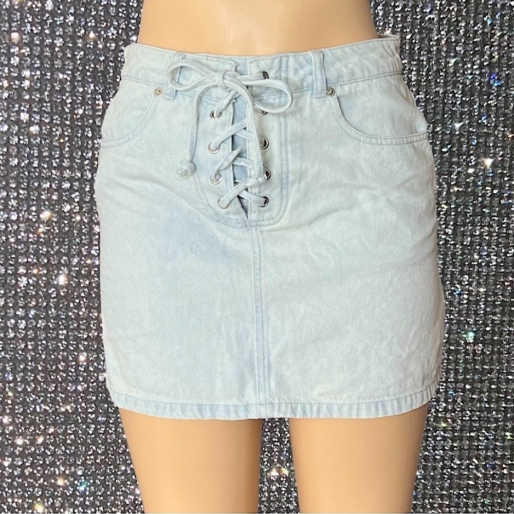 F21 skirt lace up corset denim jean light wash western boho sexy cute stampede